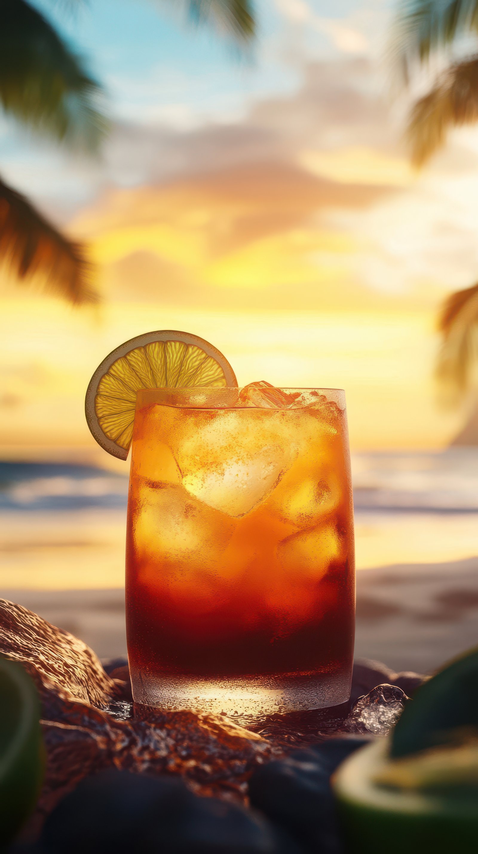 Refreshing tropical beverage at sunset by the beach with palm trees in the background